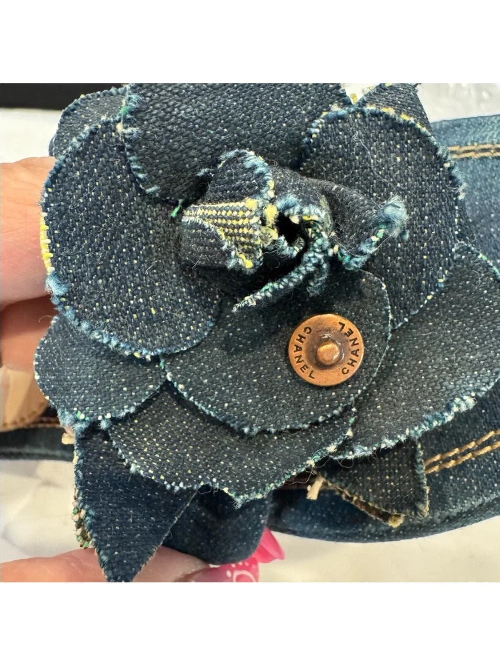 Authentic  CHANEL Dark Blue Denim Slide Sandals with Flower Design